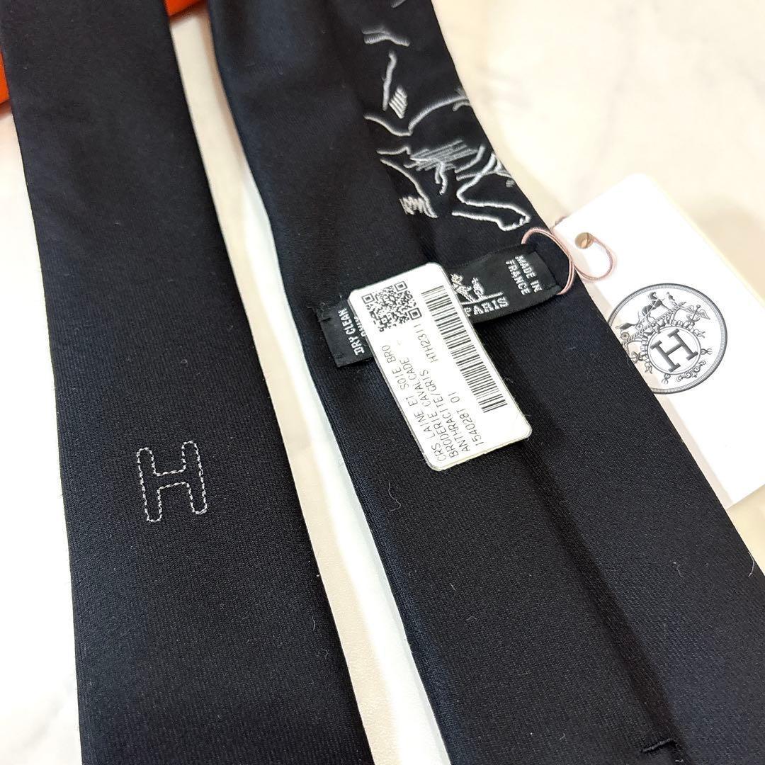 超希少 タグ付き 未使用 エルメス 馬の刺繍 ネクタイ ソリッド 黒 箱付き