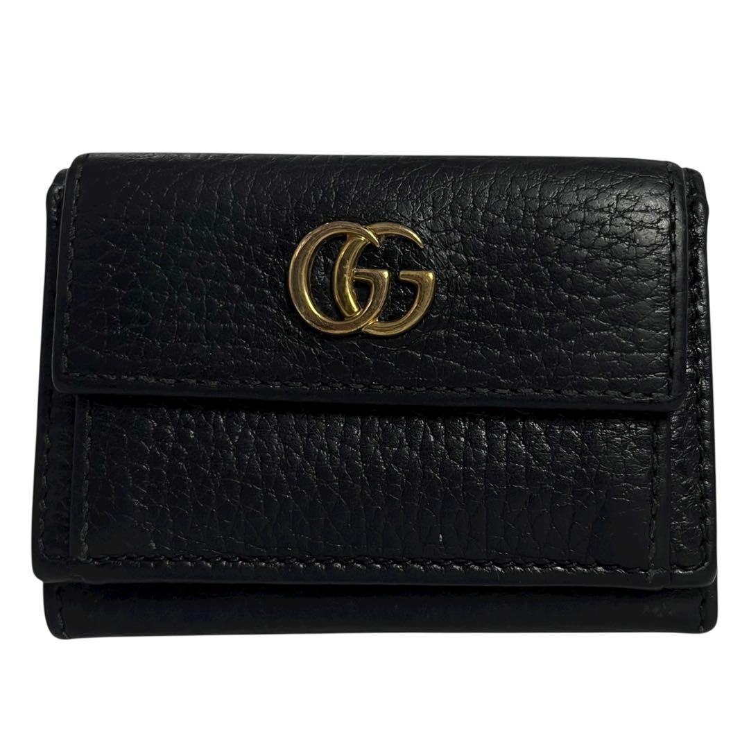 大人気✨グッチ 三つ折り財布 GGマーモント レザー ロゴ金具 黒