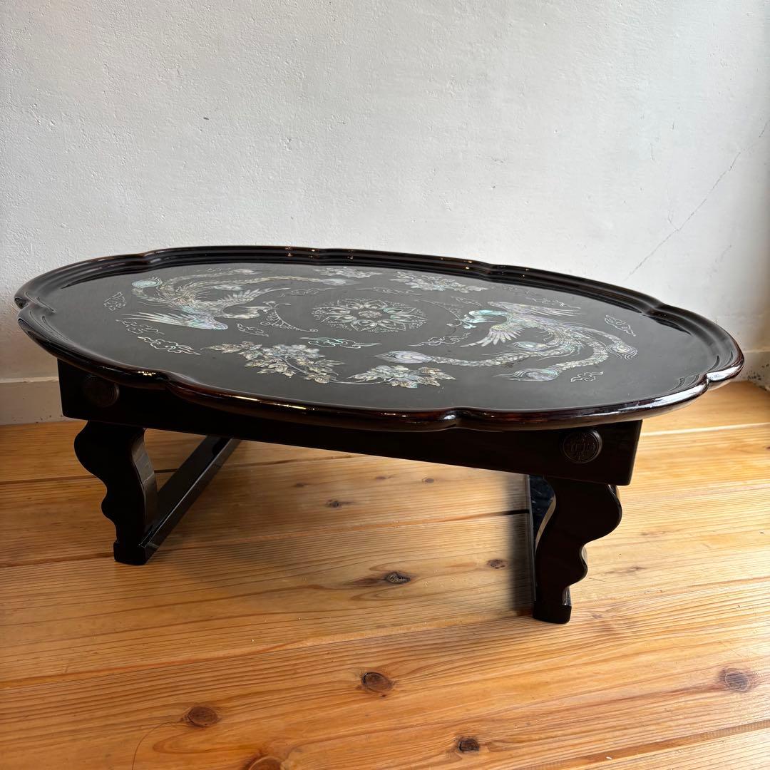 希少　韓国伝統工芸　螺鈿細工　貝殻　ローテーブル　座卓　折り畳み　鳳凰　F40