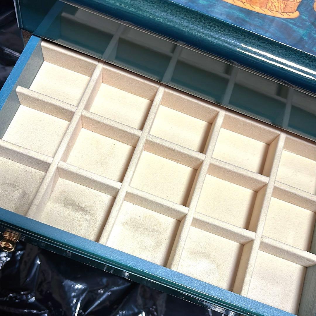 ティール色の花柄象嵌細工小物入れ　アンティーク　イタリア製