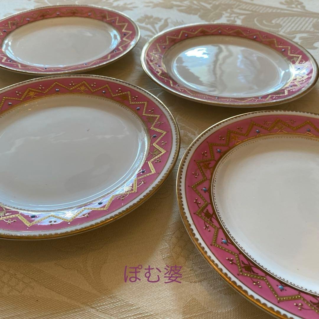 【英国／窯不明】金彩 金盛 エナメル／デザート皿 プレート ４枚セット