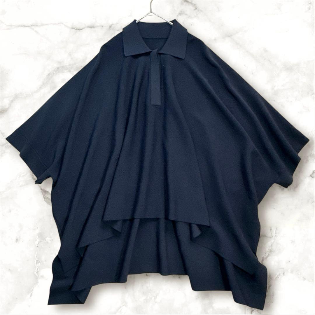 極美品 アドーア ポロニット オーバーサイズニット ダークネイビー ポンチョ