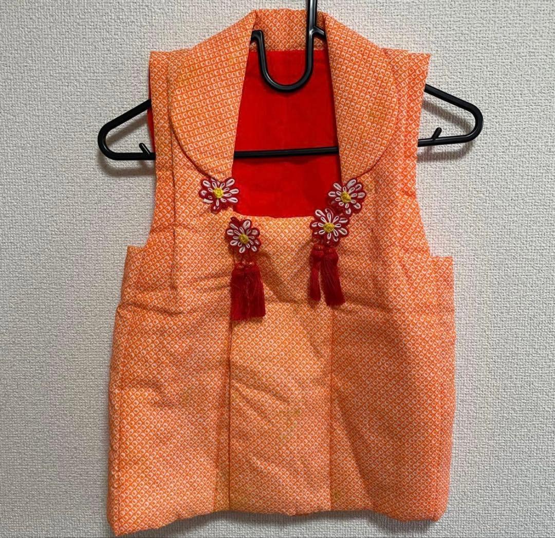 七五三　3歳で使用　オレンジ花柄着物•髪飾りセット