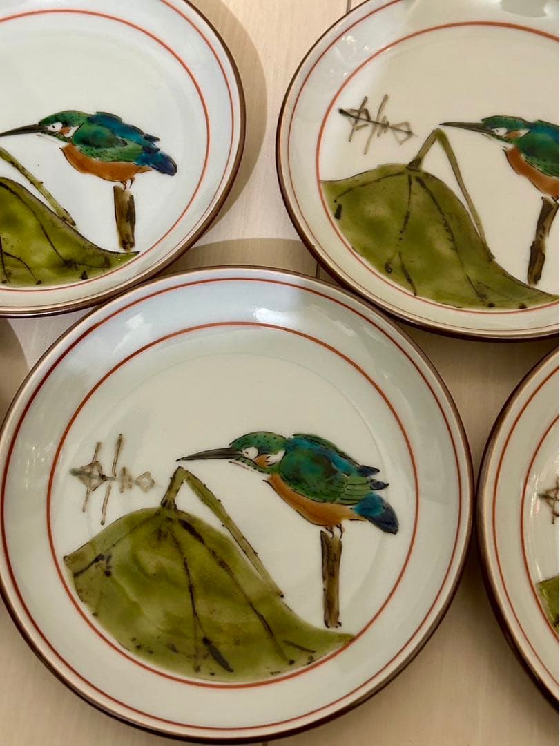 高橋誠　未使用品　色絵蓮池翡翠図組皿　五枚