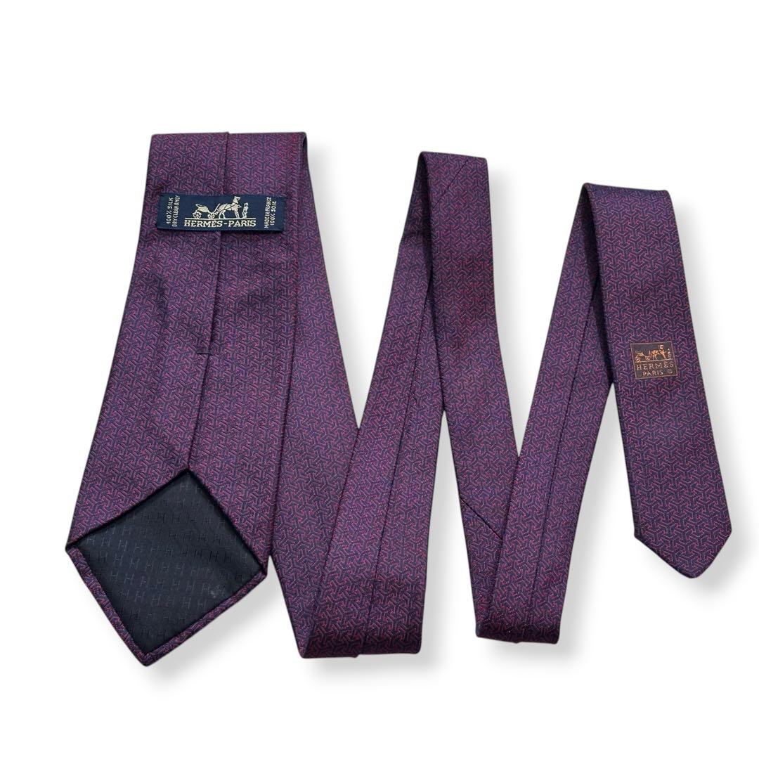 美品✨HERMES ネクタイ　エルメス　ジャガード　ネイビー　レッド