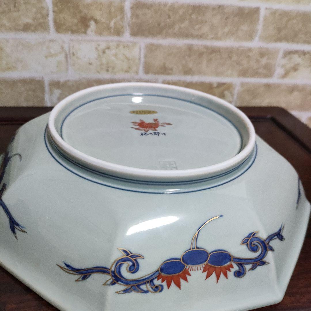 【未使用品】林九郎 有田焼 染錦獅子牡丹面取型鉢 預け鉢 八角皿 金蘭手