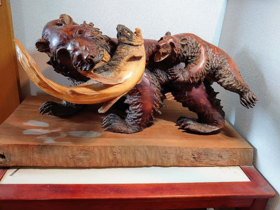 木彫り一刀彫り　親子熊　オブジェ