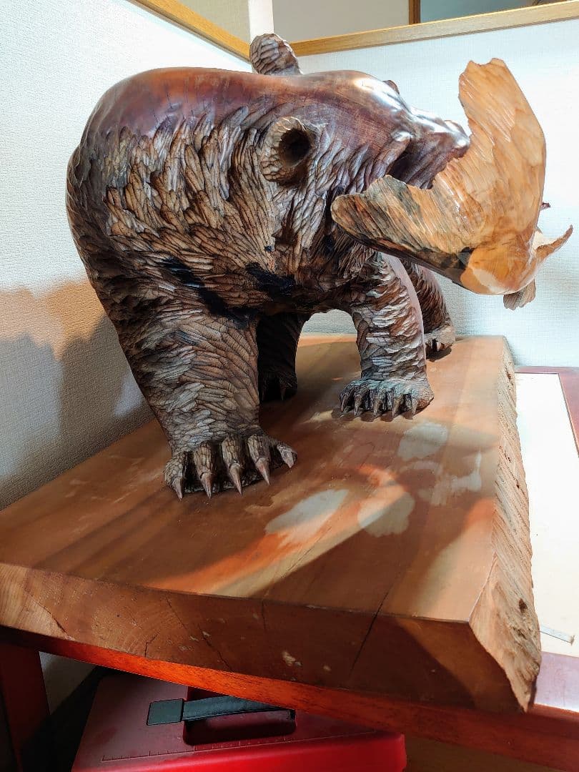 木彫り一刀彫り　親子熊　オブジェ