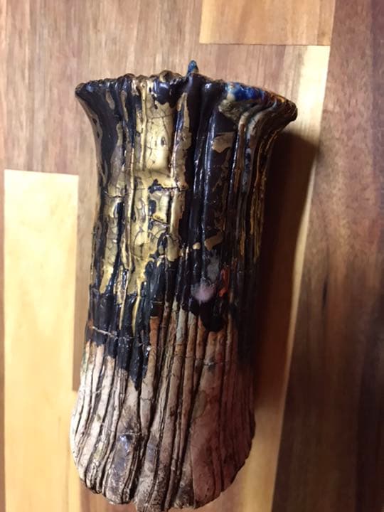 韓国インスドン女流作家蝋燭立　釉薬コバルトと24金箔　前衛陶芸　銘銘有