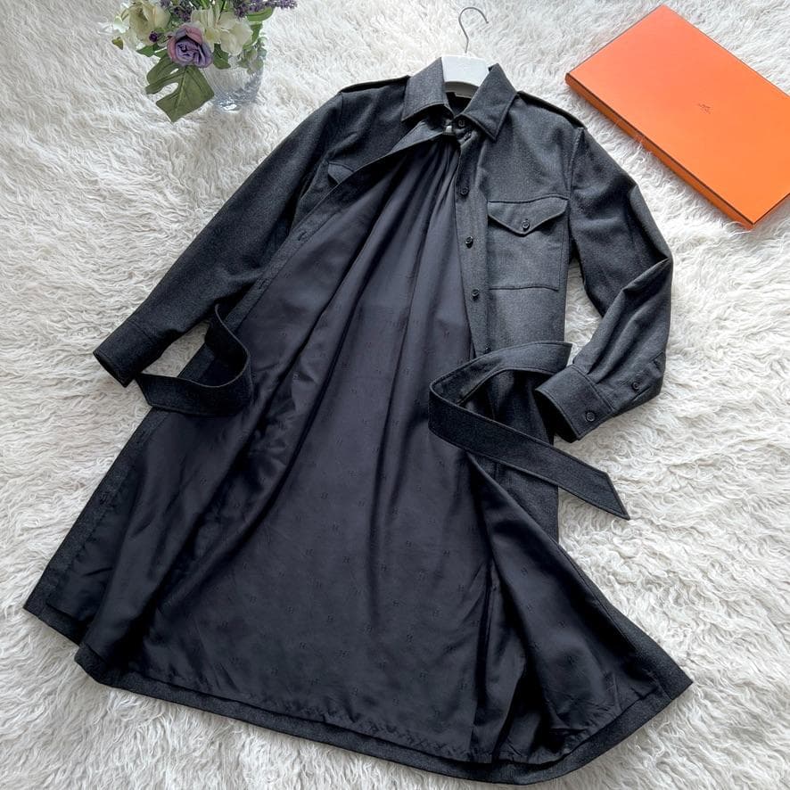 極美品★HERMES★ウール★フラノ★ベルト付★トレンチコート★ワンピース
