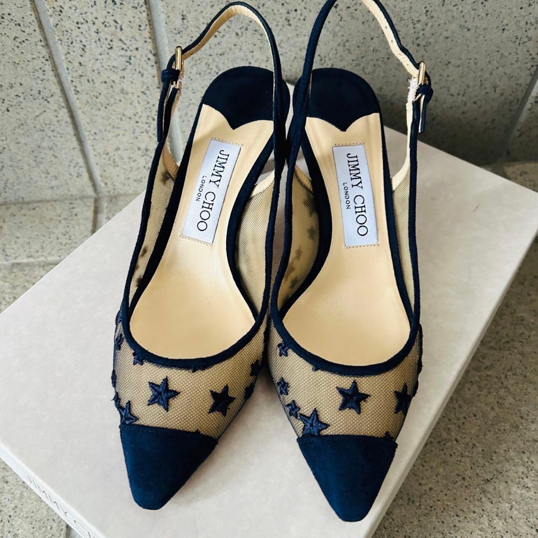 【正規品】JIMMY CHOO ネイビー 星柄　パンプス バックベルト　着用1回