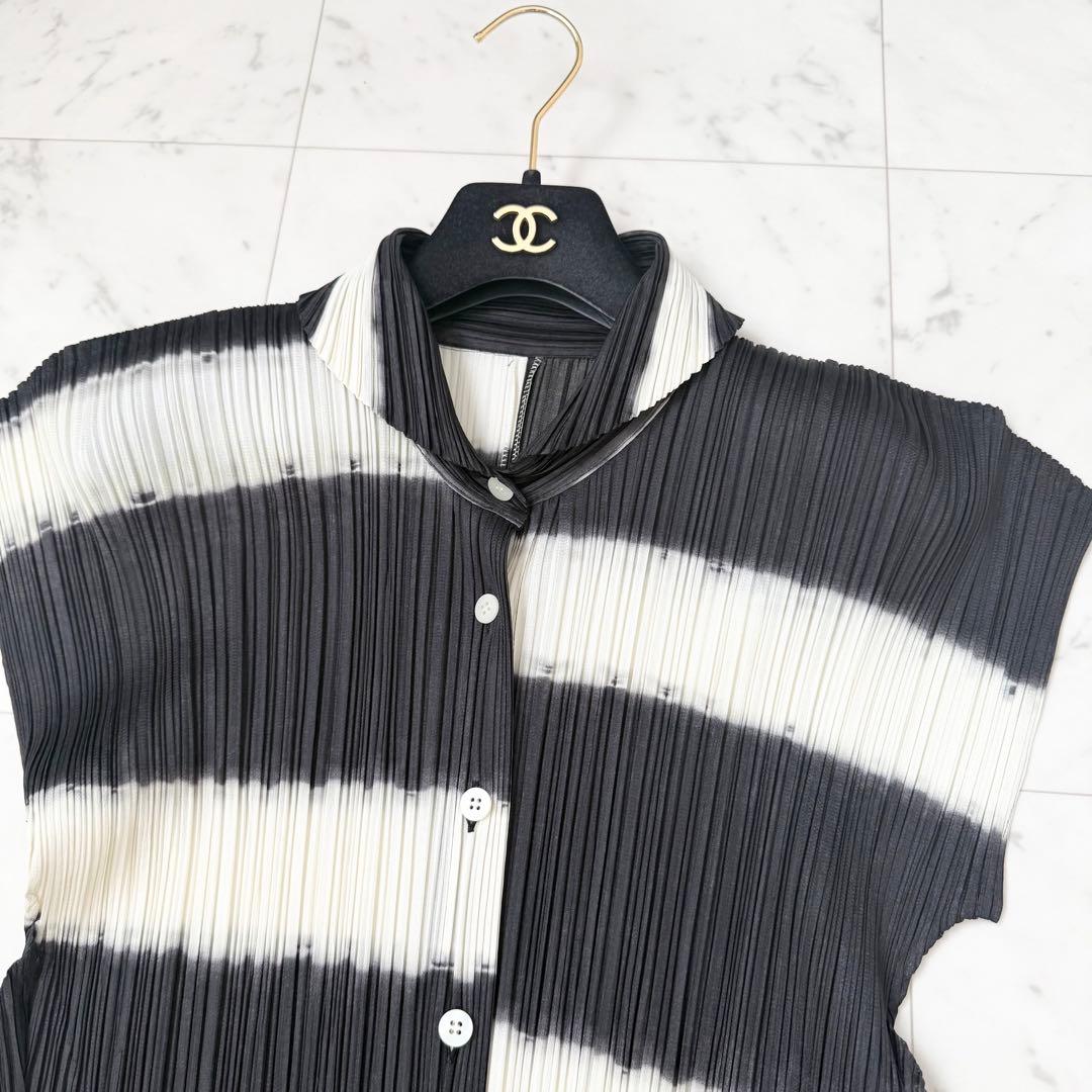 極美品❤️プリーツプリーズ　シャツ　チュニック　半袖　変形　ボーダー　Lサイズ