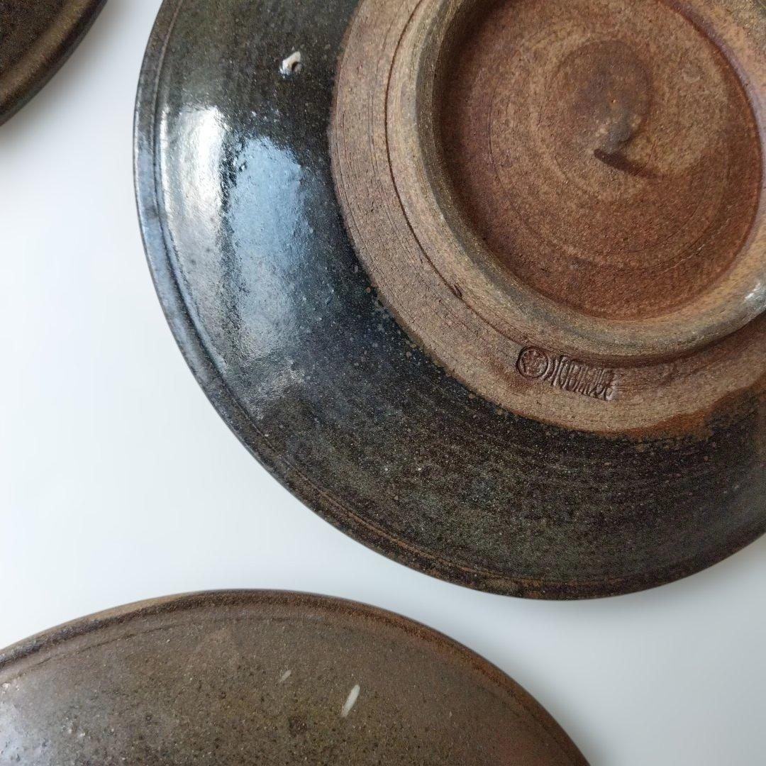 中皿　19cm　4枚　飛び鉋　打ち掛　緑釉飴釉　小石原焼　太田哲三　とびかんな