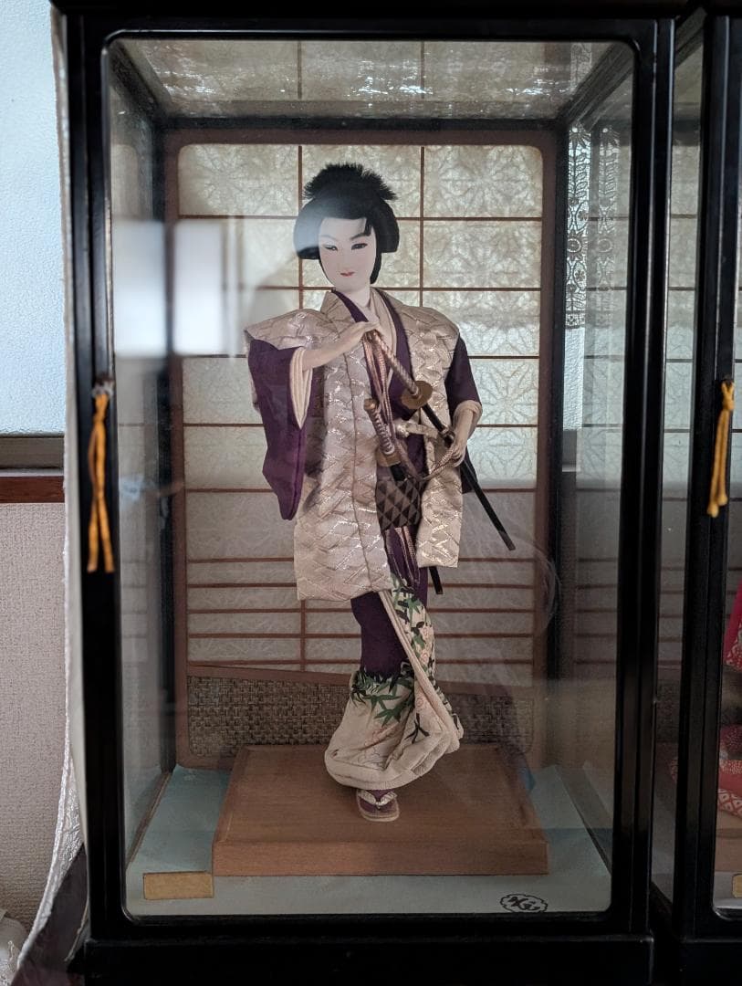和人形 2体セット｜衣装着 日本舞踊・武家姿｜ガラスケース入り 昭和レトロ