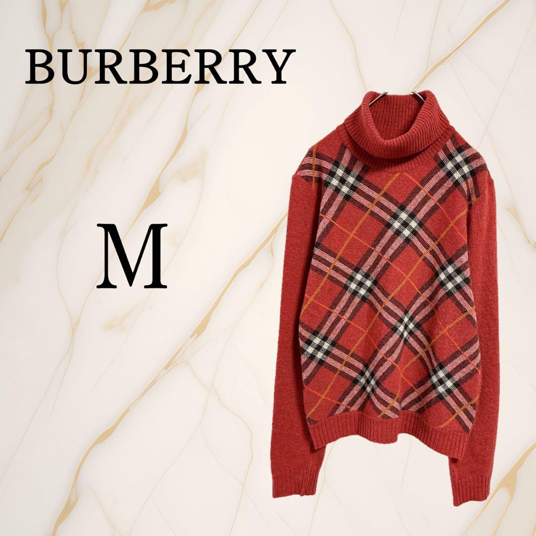 バーバリー◇ブルーレーベル【M】タートルネックニットセーター メガチェック柄 赤