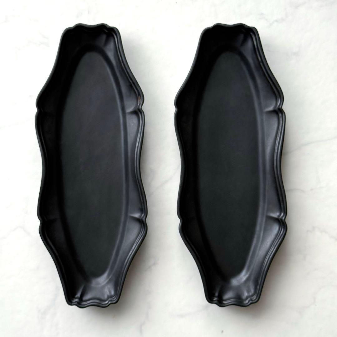 臼杵焼 輪花オーバル長皿 黒 2枚組 約29cmx12cm USUKIYAKI