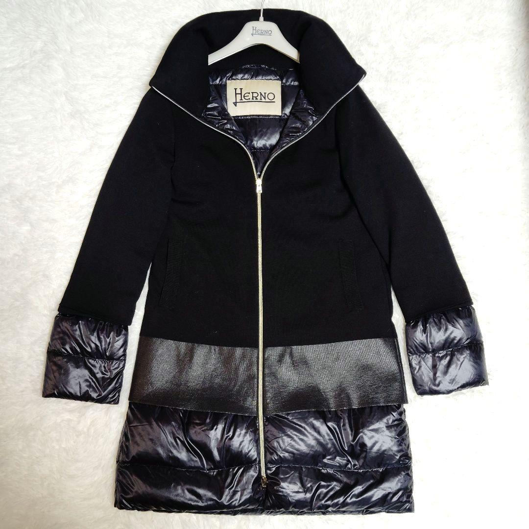 美品 HERNO ダウンコート 切替 異素材 ニット 44 2XL 黒