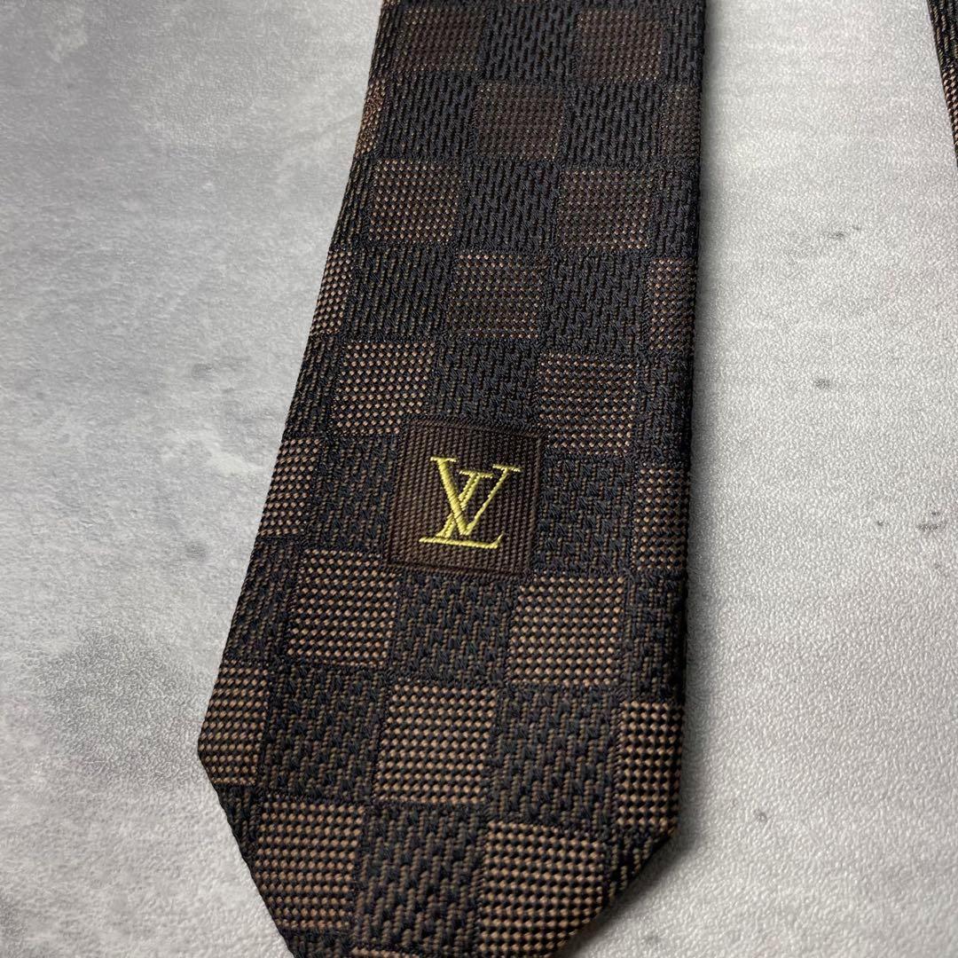 美品 LOUIS VUITTON ジャガード ダミエ 格子柄 ネクタイ ブラウン