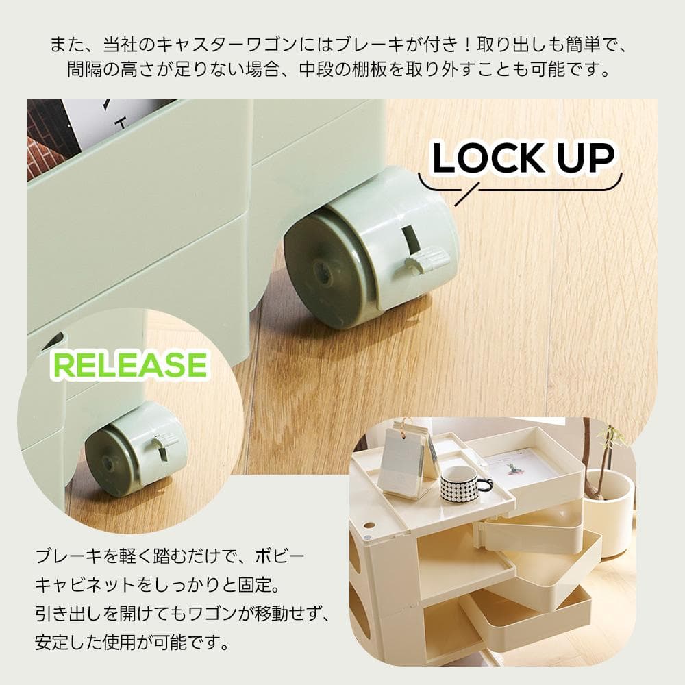 大人気！3段収納ワゴン ボビーワゴン キャスター付き ブレーキ付き5COLOR