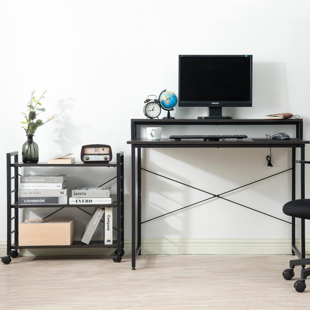 【ダークブラウン】パソコンデスク キャスター付きで移動可能ラック付き