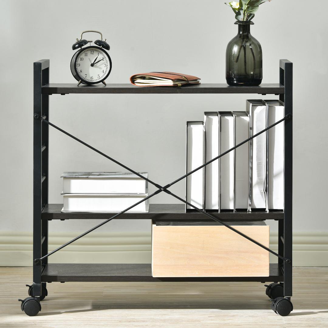 【ダークブラウン】パソコンデスク キャスター付きで移動可能ラック付き