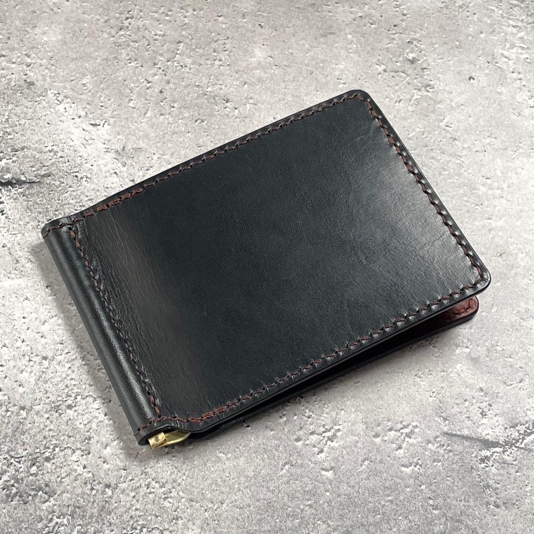 マネークリップ　イタリアンレザー　ツートン　牛革　札バサミ　真鍮