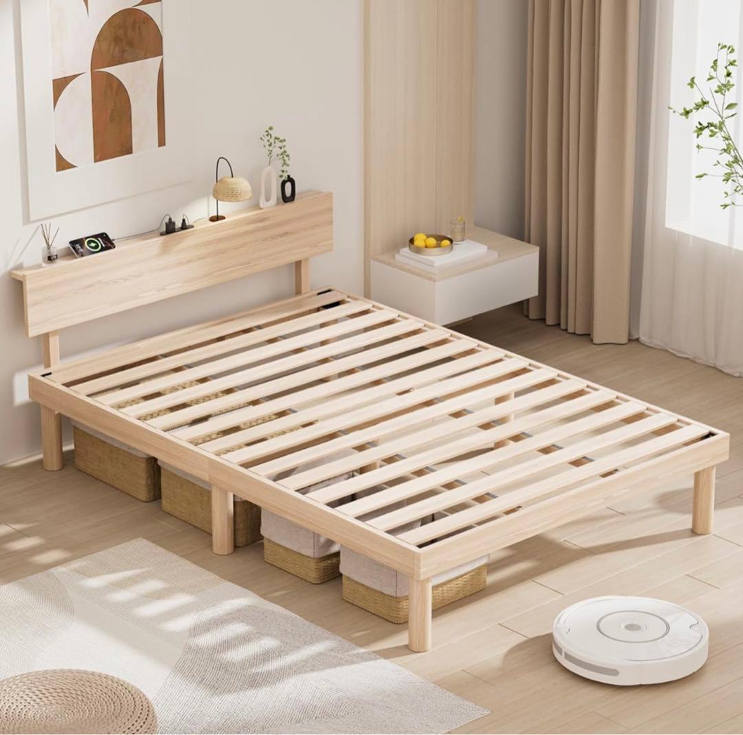 ベッドフレーム シングル ベッド 宮棚 天然木 すのこ ベット頑丈 ナチュラル