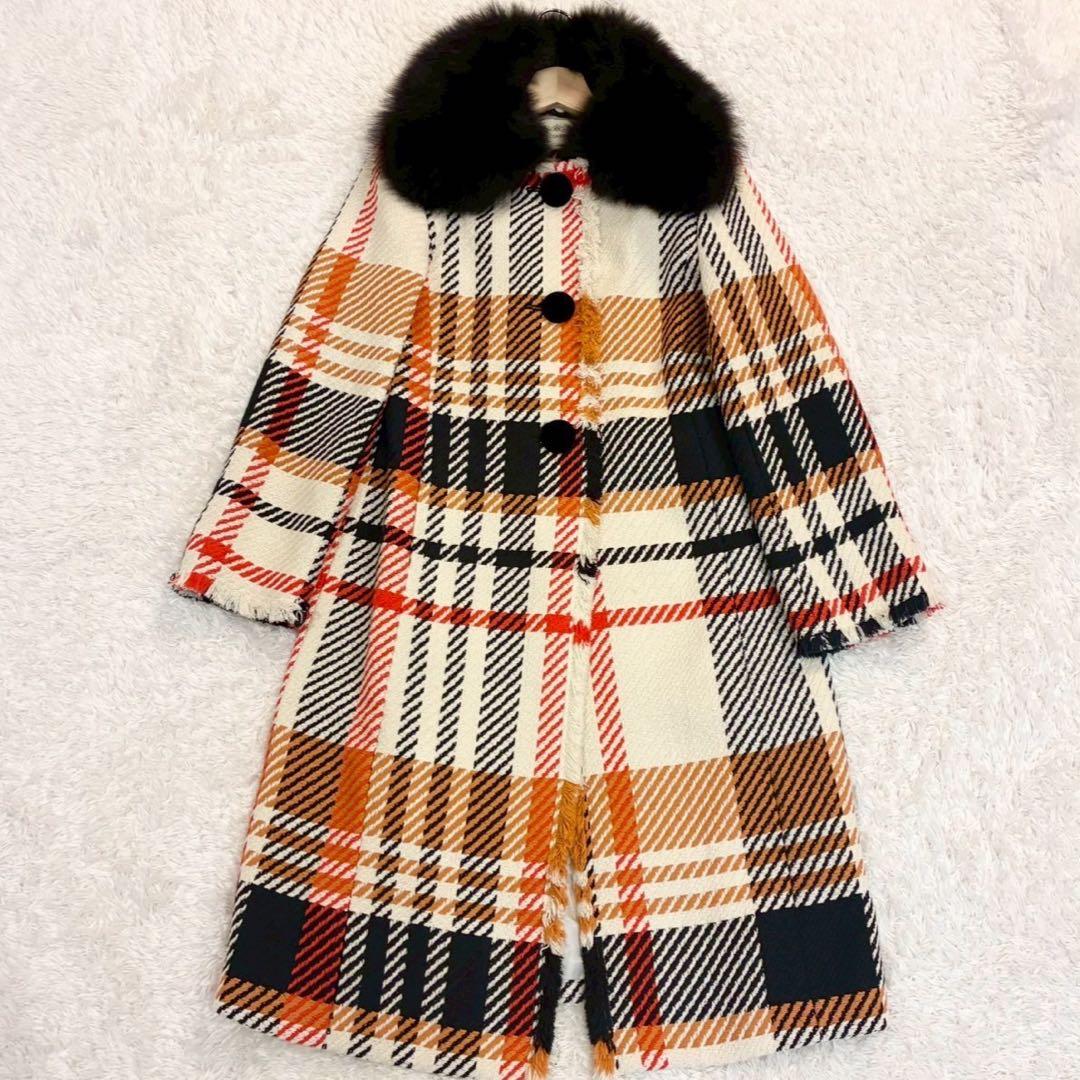 グレースコンチネンタル ロングコート 36 ツイード チェック フォックスファー