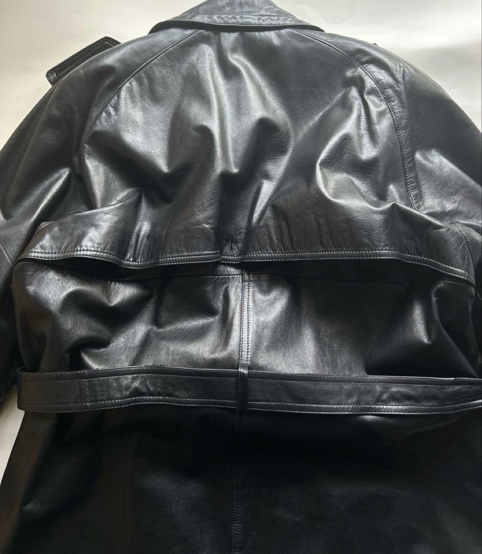 vintage牛革オールレザー ダブル トレンチコート ブラック ロング ベルト