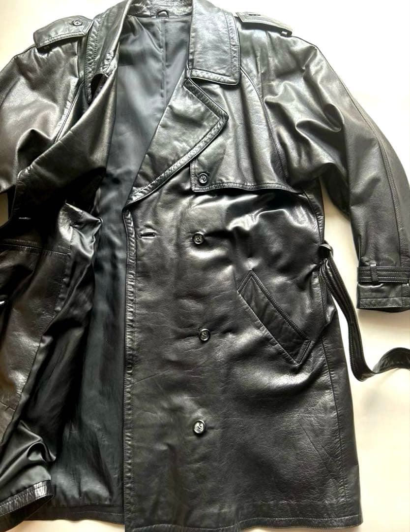 vintage牛革オールレザー ダブル トレンチコート ブラック ロング ベルト