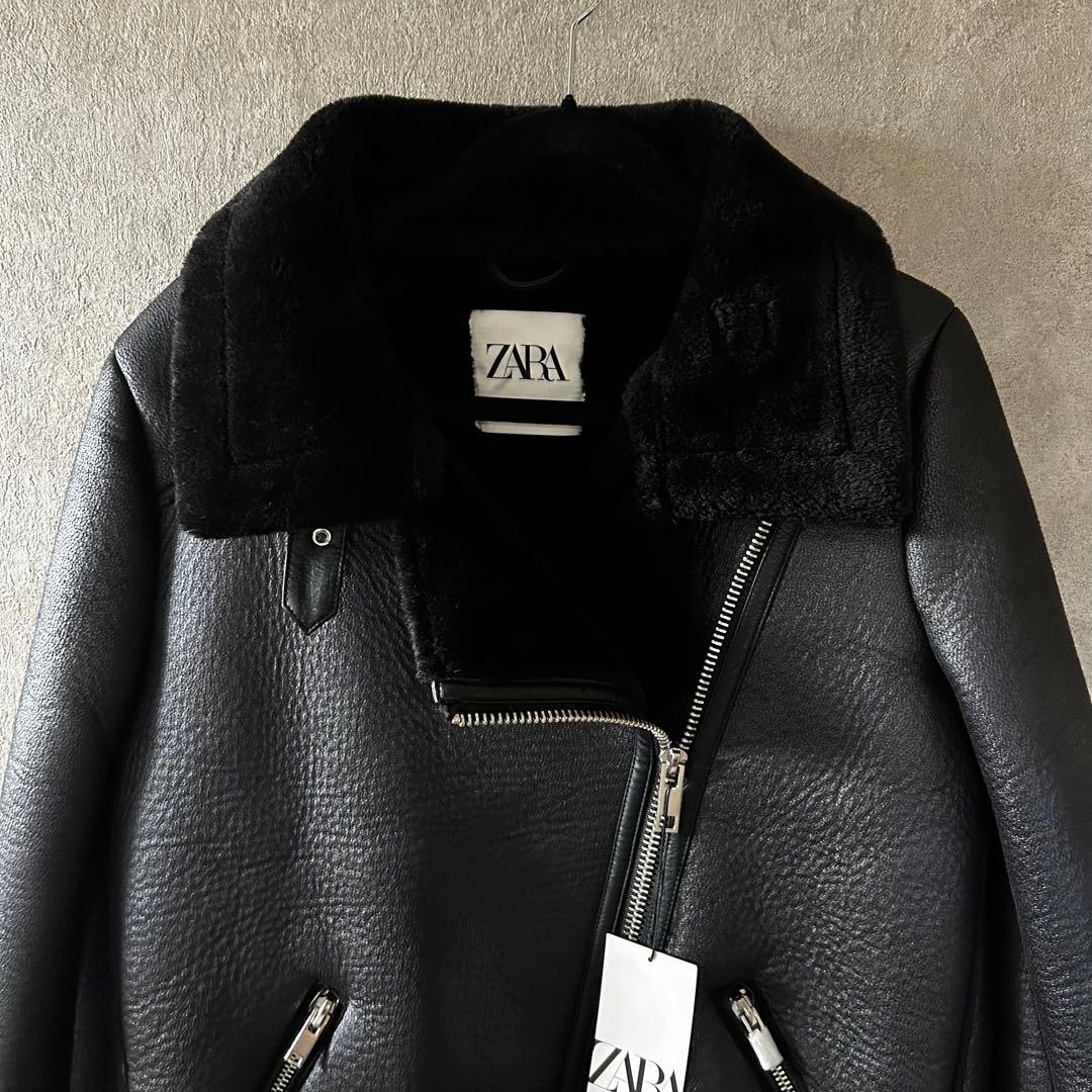 新品未使用 ZARA ブラックレザー ムートン ライダースジャケット Ｌ