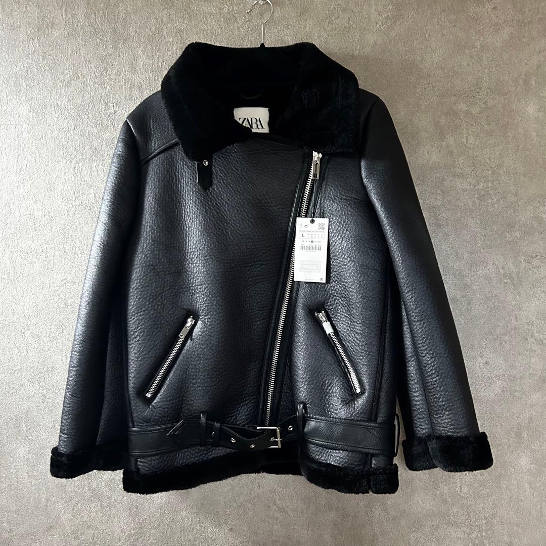 新品未使用 ZARA ブラックレザー ムートン ライダースジャケット Ｌ