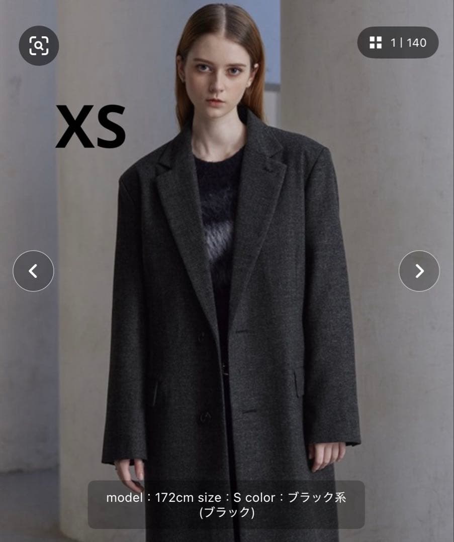 [CLEL】ウールブレンド ヘリンボーンツイードコート ブラック系 XS