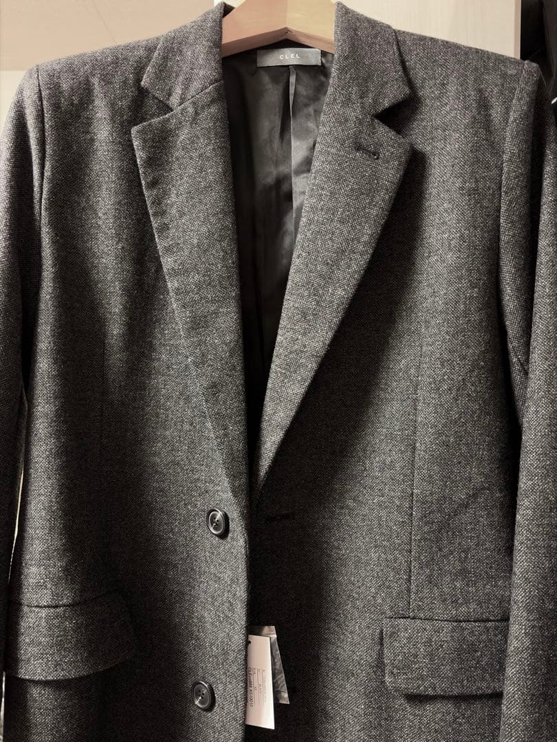 [CLEL】ウールブレンド ヘリンボーンツイードコート ブラック系 XS