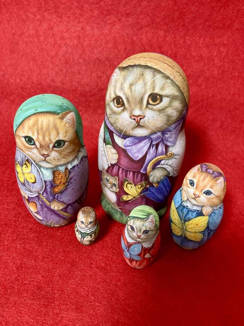 ロシア雑貨☆ネコマトリョーシカ『蝶々Butterfly』(5P)猫Catリダ工房
