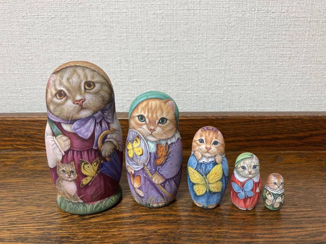 ロシア雑貨☆ネコマトリョーシカ『蝶々Butterfly』(5P)猫Catリダ工房