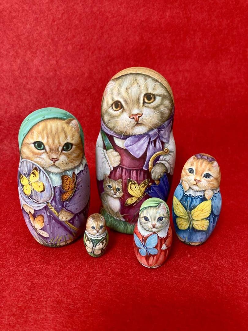 ロシア雑貨☆ネコマトリョーシカ『蝶々Butterfly』(5P)猫Catリダ工房