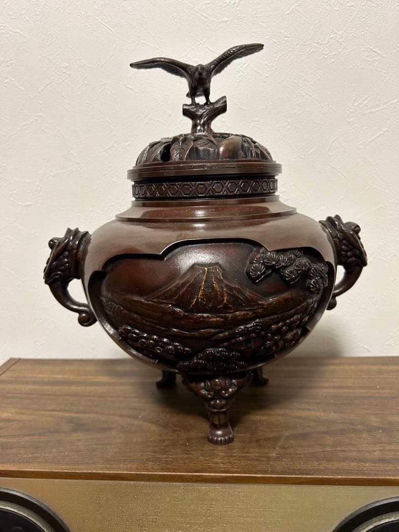 高岡銅器　香炉　銅製 壱不二弐鷹参茄子　置物　オブジェ