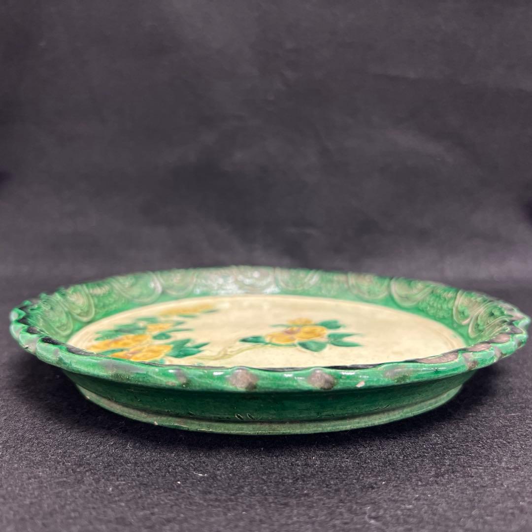 江戸中期　源内焼　椿文中皿　幅約21.5㎝　東Y7-1226☆2Fトコチサ