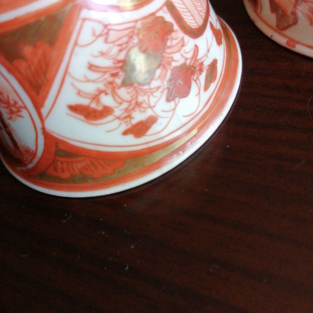 九谷焼　赤絵金襴手煎茶碗　5客　6.2cm　明治～大正期