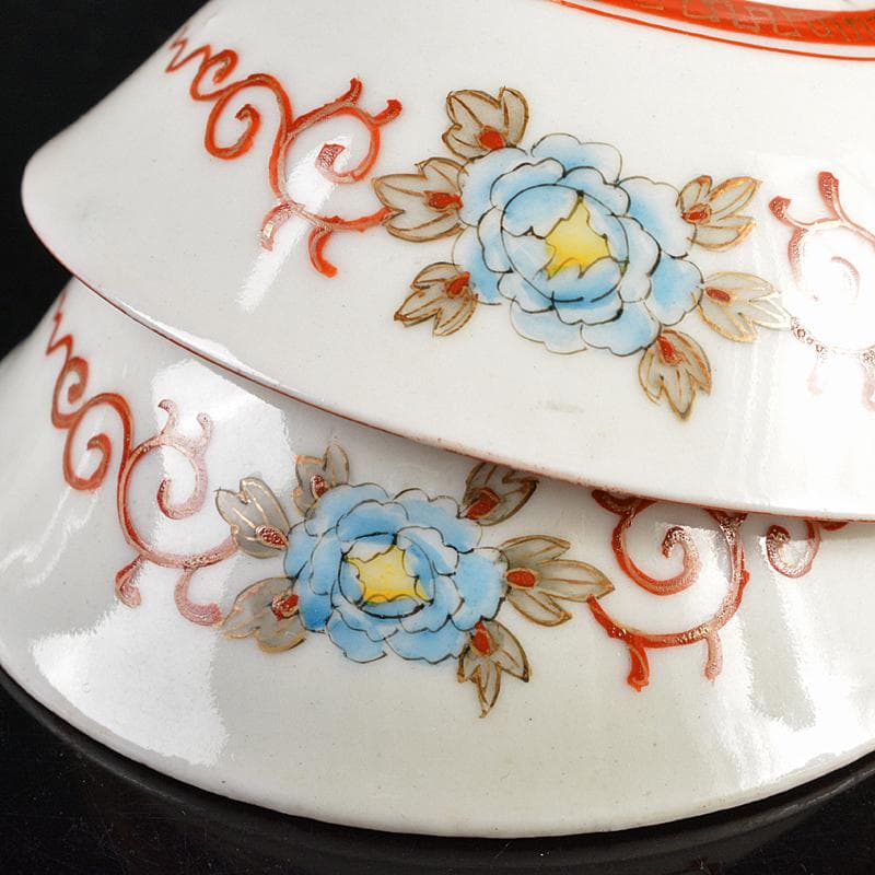 九谷焼　明治時代　土井製　赤絵　唐子囲碁文　酒盃　五客　時代箱付　F　R5791