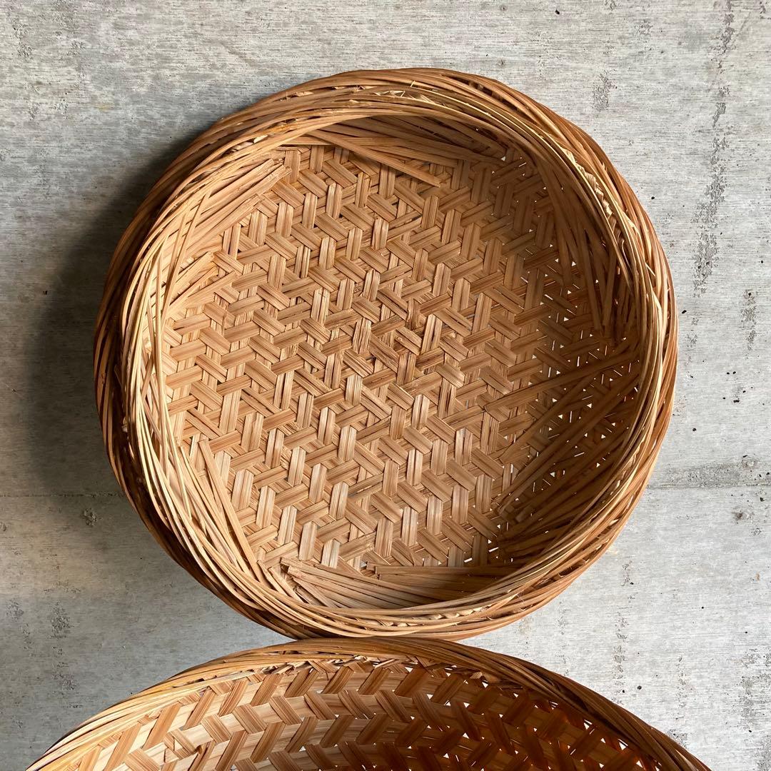 大きな竹籠 カゴ バスケット 大型 収納 保存 蓋付き 編み込み 工芸品 レトロ