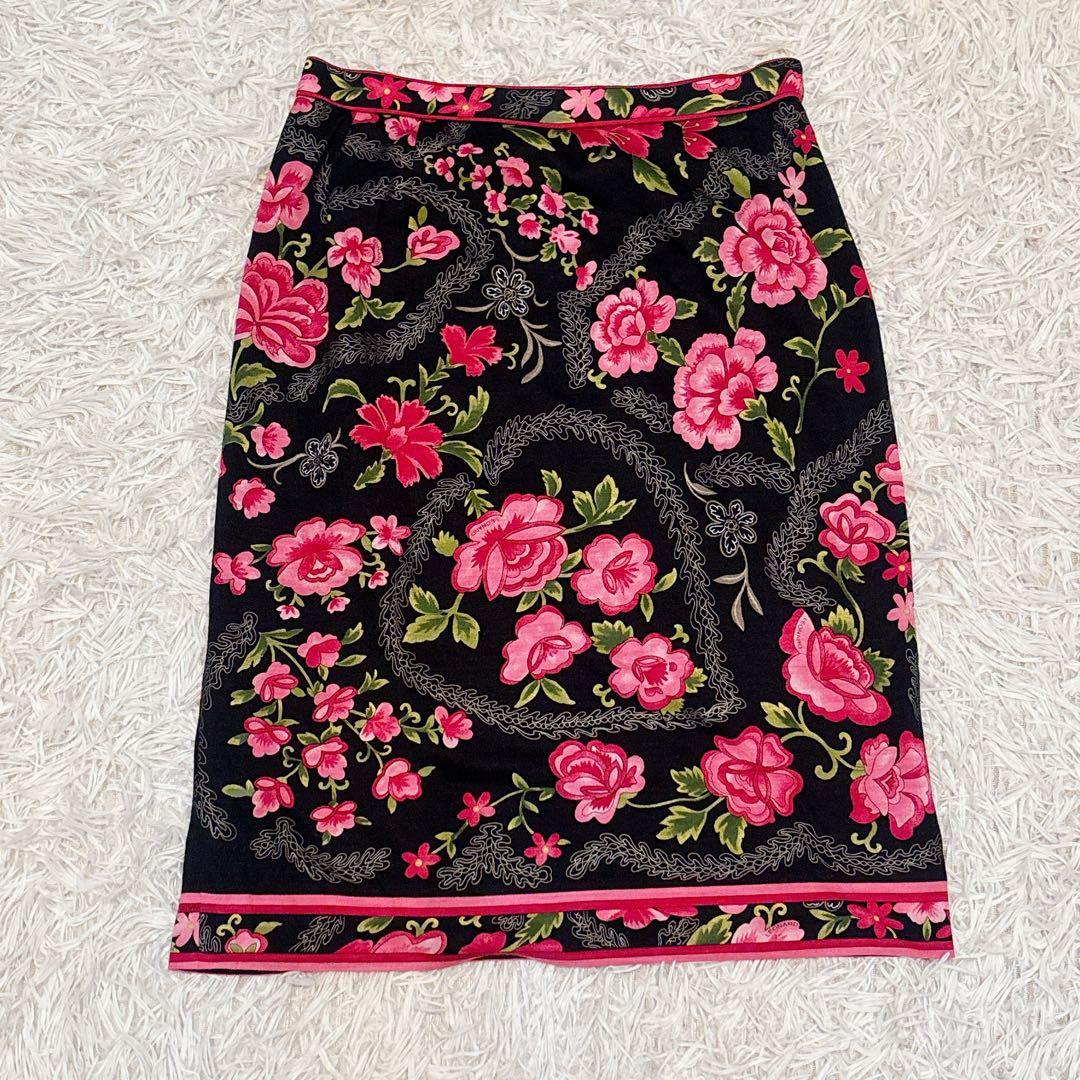 未使用級✨レオナール ウール シルク スカート トリム 花柄 黒 レディース