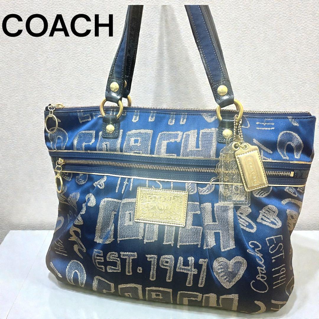 【極美品★人気】COACH POPPYトートバッグ ネイビー 肩掛け A4