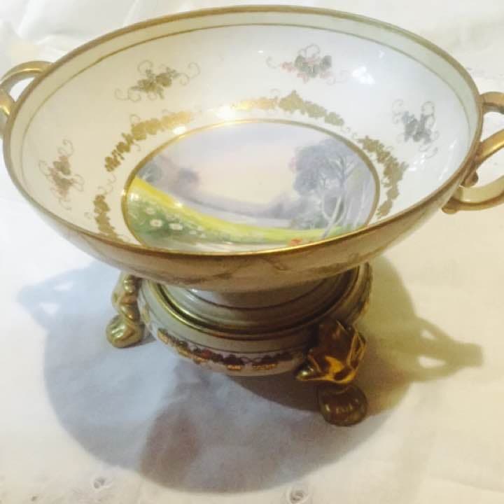 ［1921年〜］オールドノリタケ 取っ手付ボール＆三本の猫足台