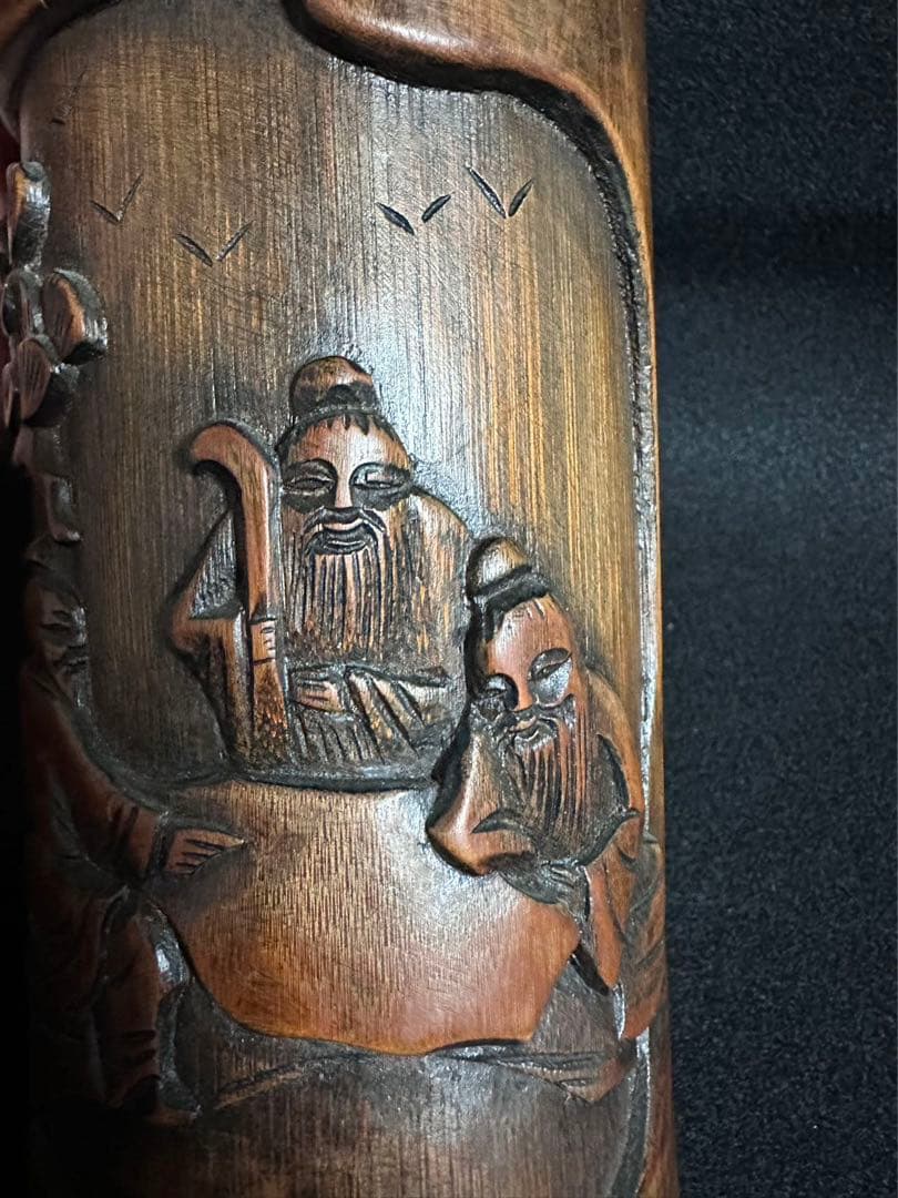 中国美術 竹製 松下三老人彫　蓋付き　古筆筒　 文房具　唐物　 古美術