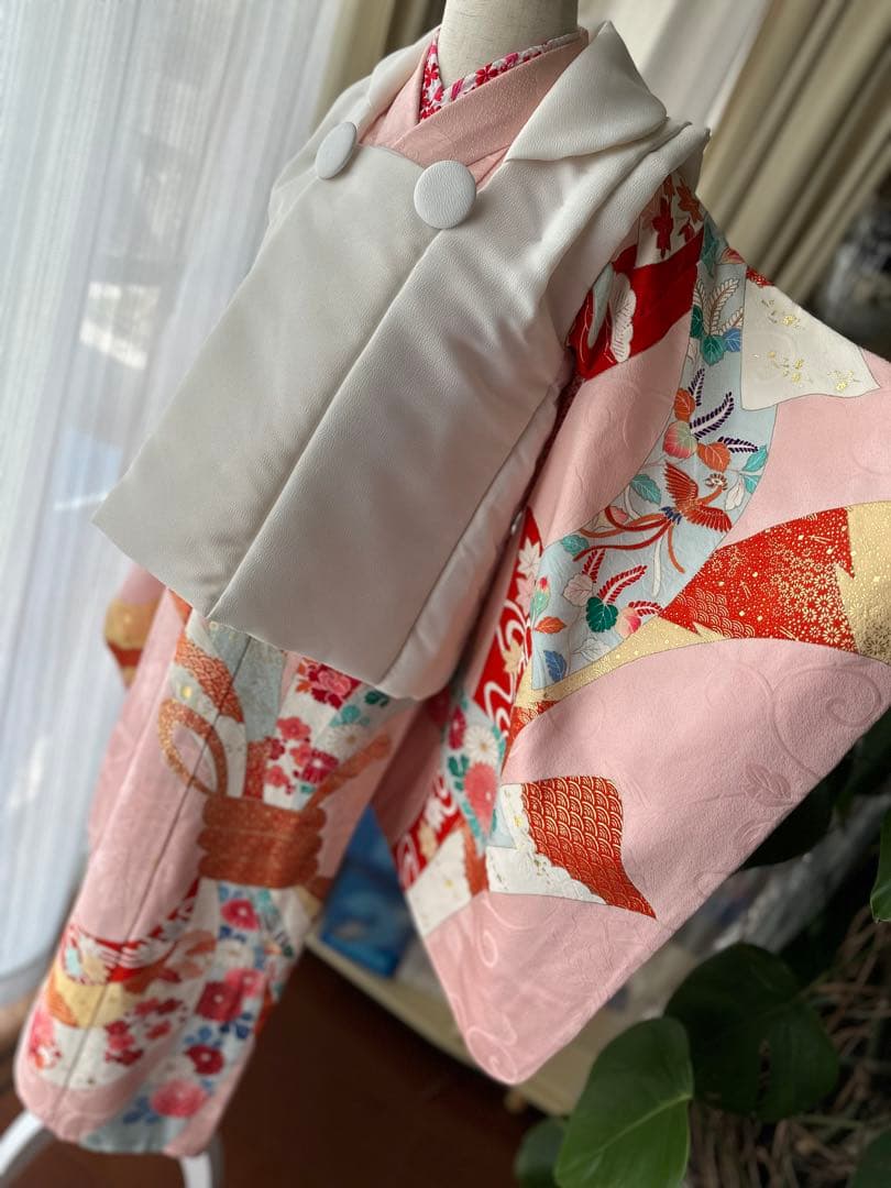 3歳用 七五三セット ピンクに熨斗柄キモノとアイボリーの被布、長襦袢3点セット
