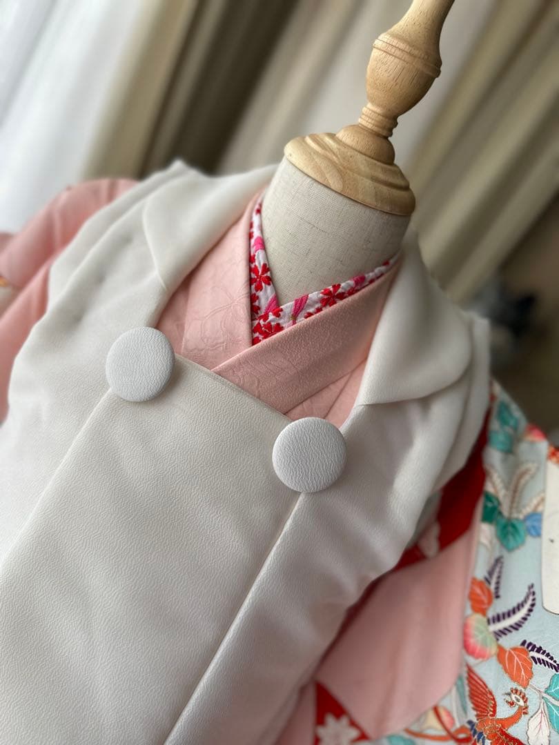 3歳用 七五三セット ピンクに熨斗柄キモノとアイボリーの被布、長襦袢3点セット