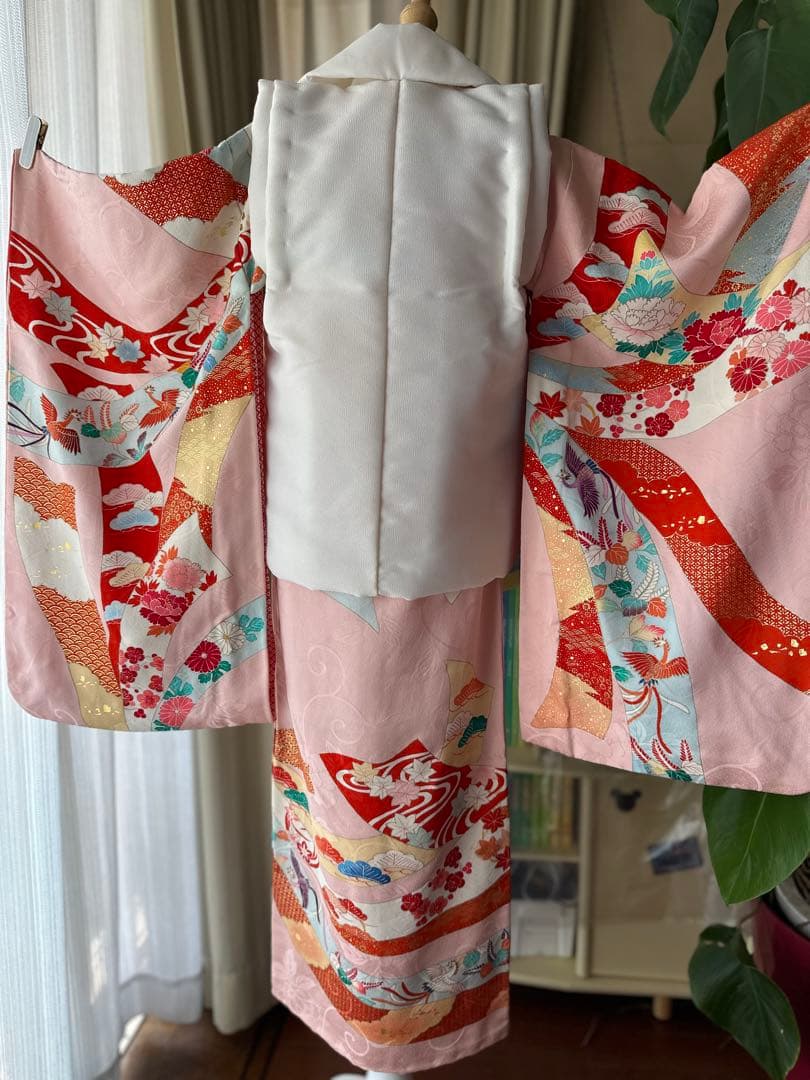 3歳用 七五三セット ピンクに熨斗柄キモノとアイボリーの被布、長襦袢3点セット