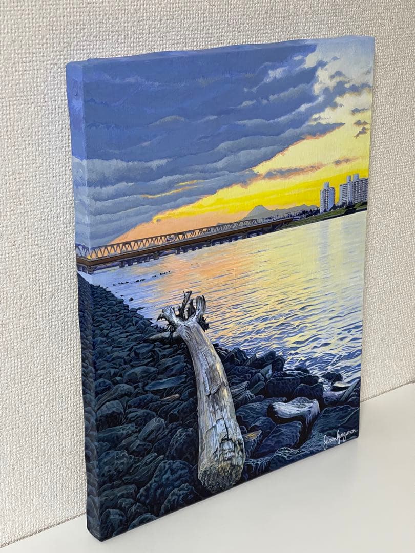 リアルな風景画、キャンバスに描かれたアクリル画、署名入り